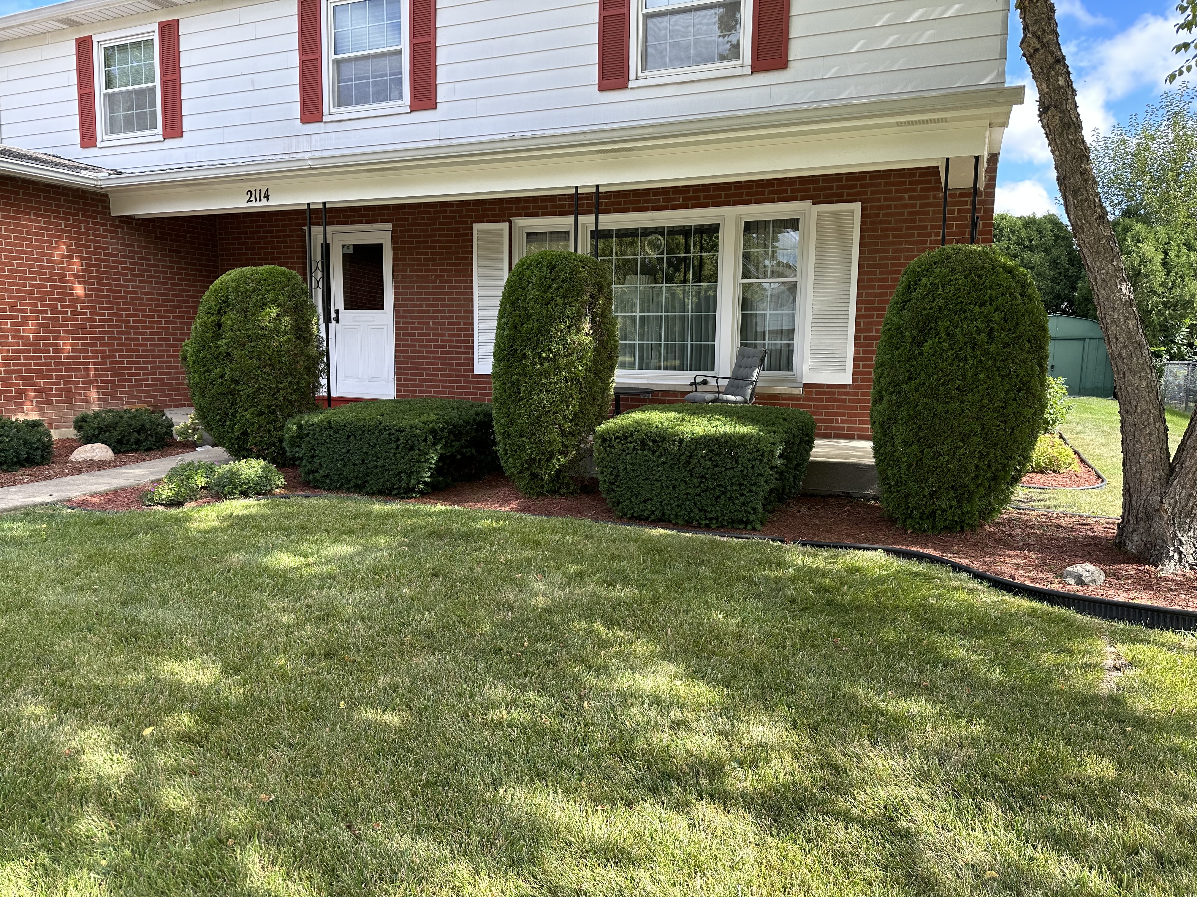 Trimmed bushes and manicured lawn